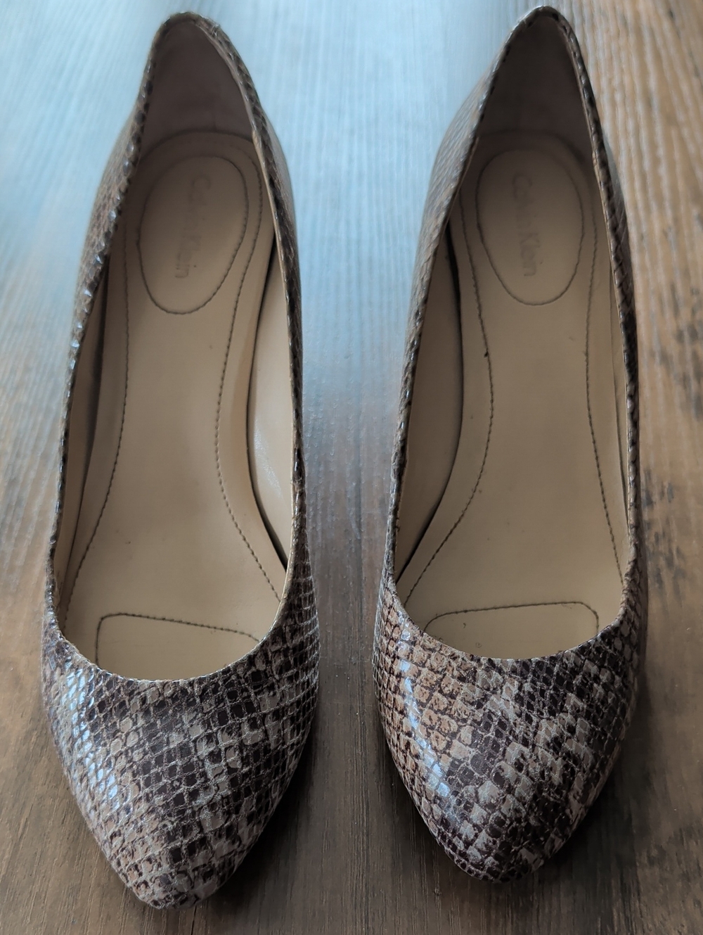 Calvin Klein Snake-Print Pointed Toe Pumps in Brown and Cream